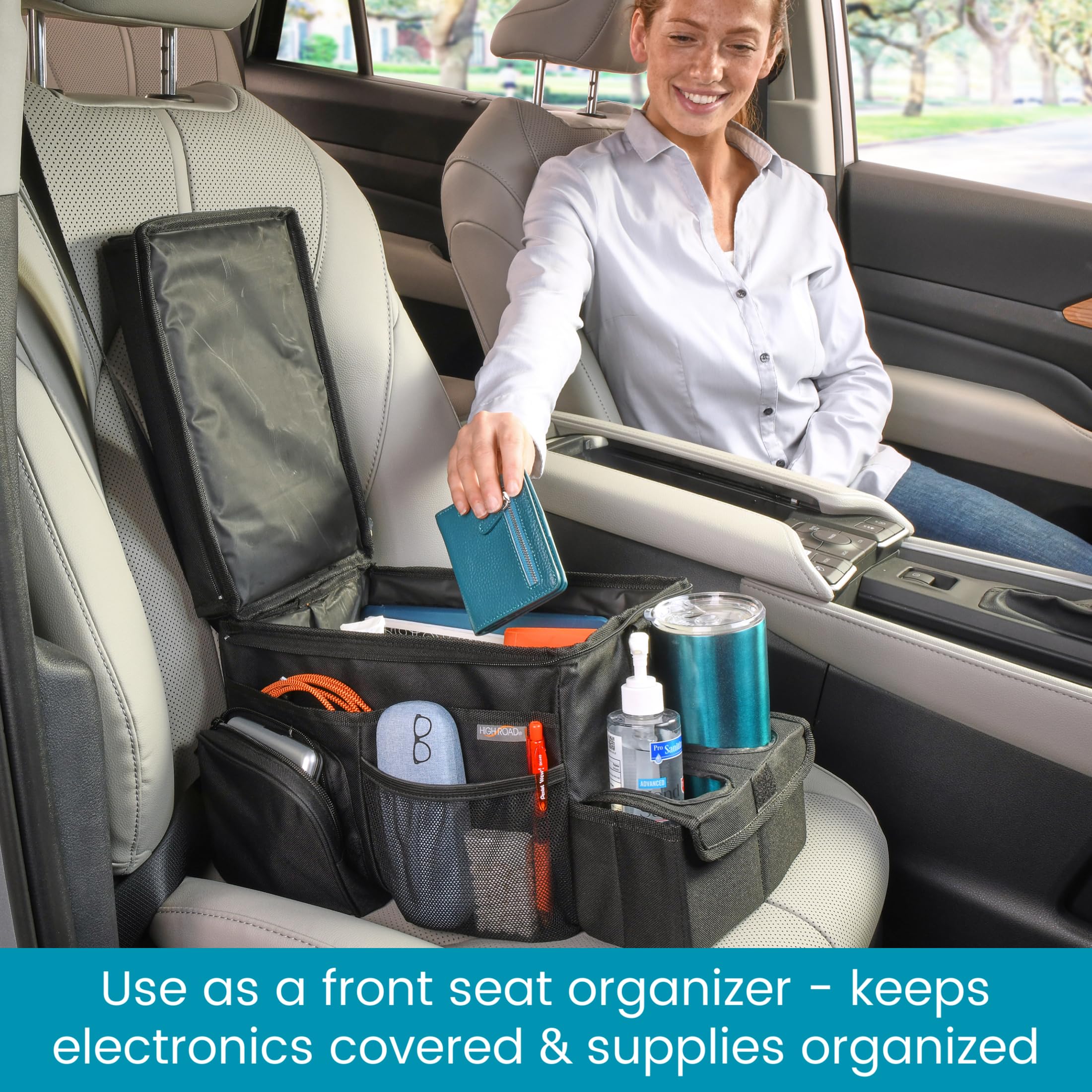 High Road CarHop Car Caddy Organizer with Road Trip Cooler, Car Cup Holder Bin, Sturdy Snack and Play Lid and 6 Organization and Storage Pockets - Image 3